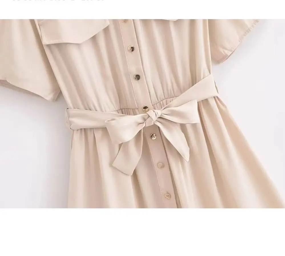 KONDALA ヴィンテージソリッドサッシュミニ女性ドレスカジュアル半袖女性シャツドレスファッション 2025 夏ベージュ Mujer Vestidos