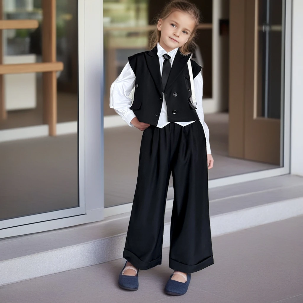 2026 Autumn Girls Suit Stylish Blazer Vest + Shirt + Wide-Leg Pants 3-Piece Set School Teen Children Formal Clothes Kids Outfits