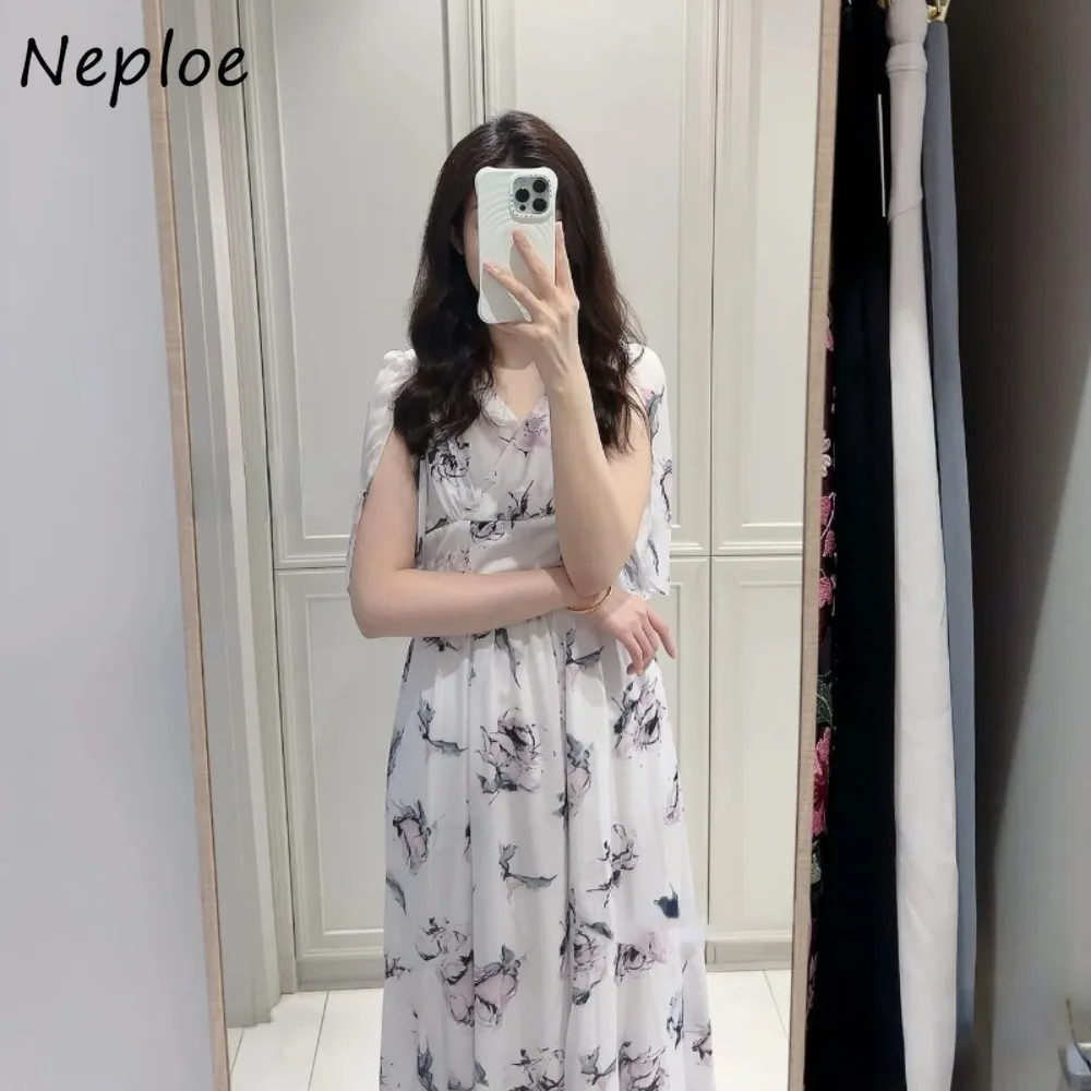 

Neploe Elegant V Neck Raglan Sleeve Rose Print Robe Lace Up High Waist Ruched Casual Mujer Japan New Slim Fit Sweet Dresses