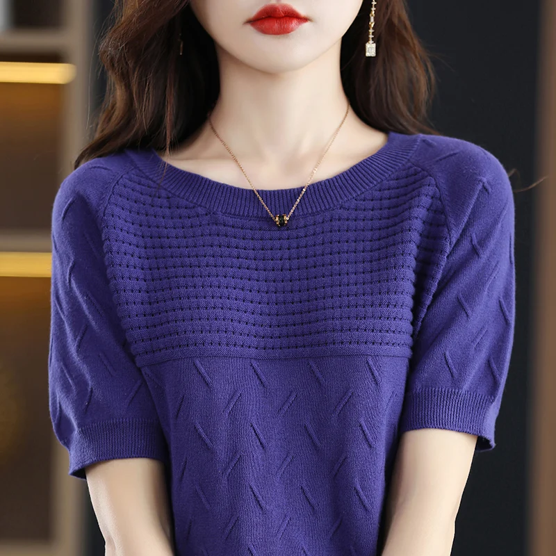 100% cotton short sleeve 2023 summer new women\'s round neck pullover loose knit solid color top casual vest fashion T-shirt