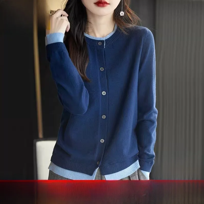 Women's round Neck Knitted Cashmere Open Cardigan Spring Autumn Loose Sweater Outerwear Comfortable Breathable Warmth