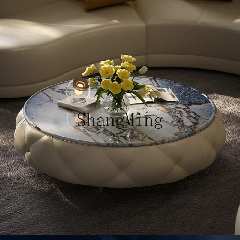 

LXY light luxury natural marble coffee table round household living room high-end solid wood coffee table