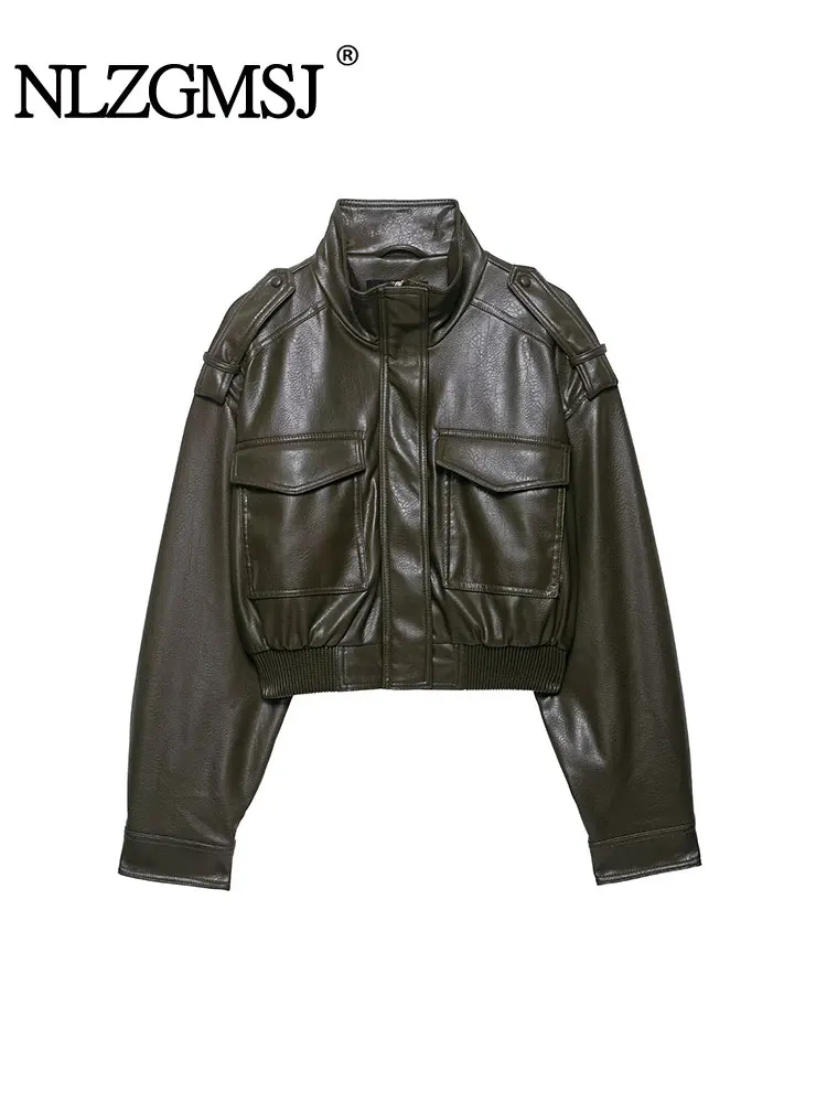 

NLZGMSJ Casual Women Jackets Solid Turn-down Collar Pocket Long Sleeve Zipper Short Coat Fashion 2025 Autumn Chic Outwear