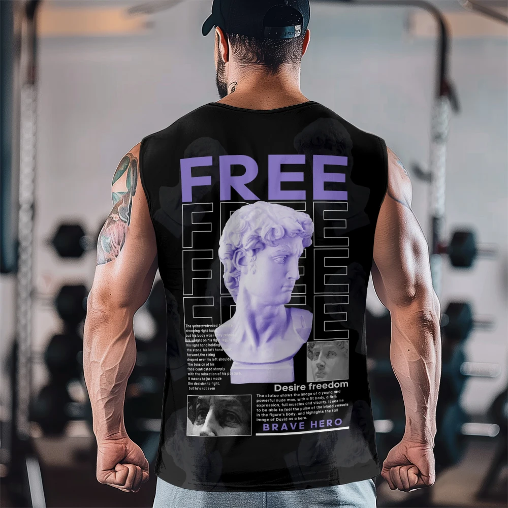 Purple Plaster Statue Free Print Gym Casual Tank Top Sleeveless Thin Train Vest Youth Men's Sports Fitness Vest