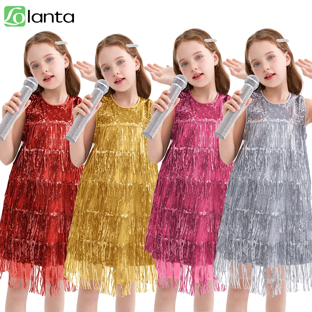 LOlanta Girls Sequin Fringe Dress Layered Sparkly Tassel Sleeveless Vintage 20s Flapper Dress Dance Party Pageant Birthday Dress