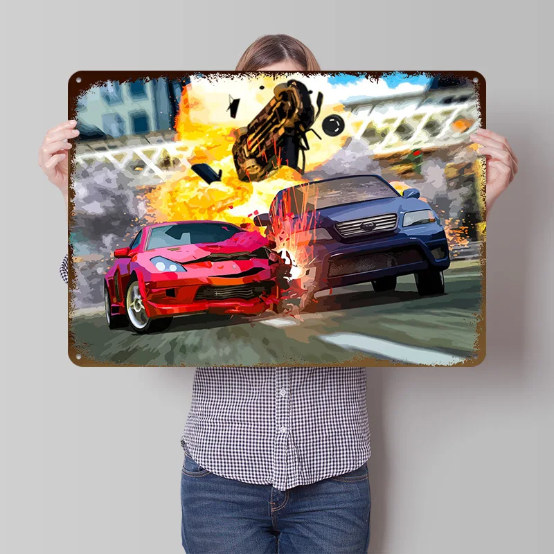 Car Crash Explosion Tinplate Poster Customized Wall Art Vintage Metal Signs Retro Plates for Home Decoration Gaming Tin Sign