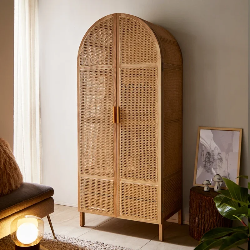 Simple rattan art cabinet, modern simple solid wood frame wardrobe