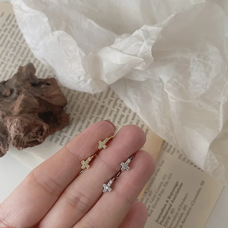 الكورية بسيطة 925 فضة الزركون الصليب هوب أقراط للنساء S925 حفل زفاف مجوهرات هدية Aretes De Mujer #4