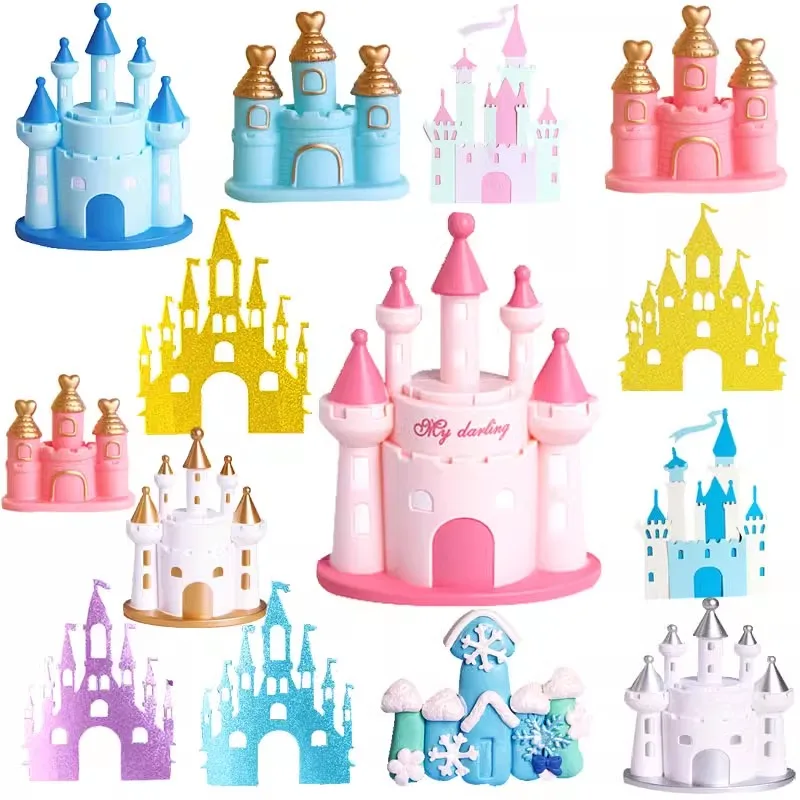 Princess Prince 3D Plastic Castle Theme Cake Topper Birthday Decor Girl Boy Love Gift Ornaments Cupcake Cake Flags Pary Supplies