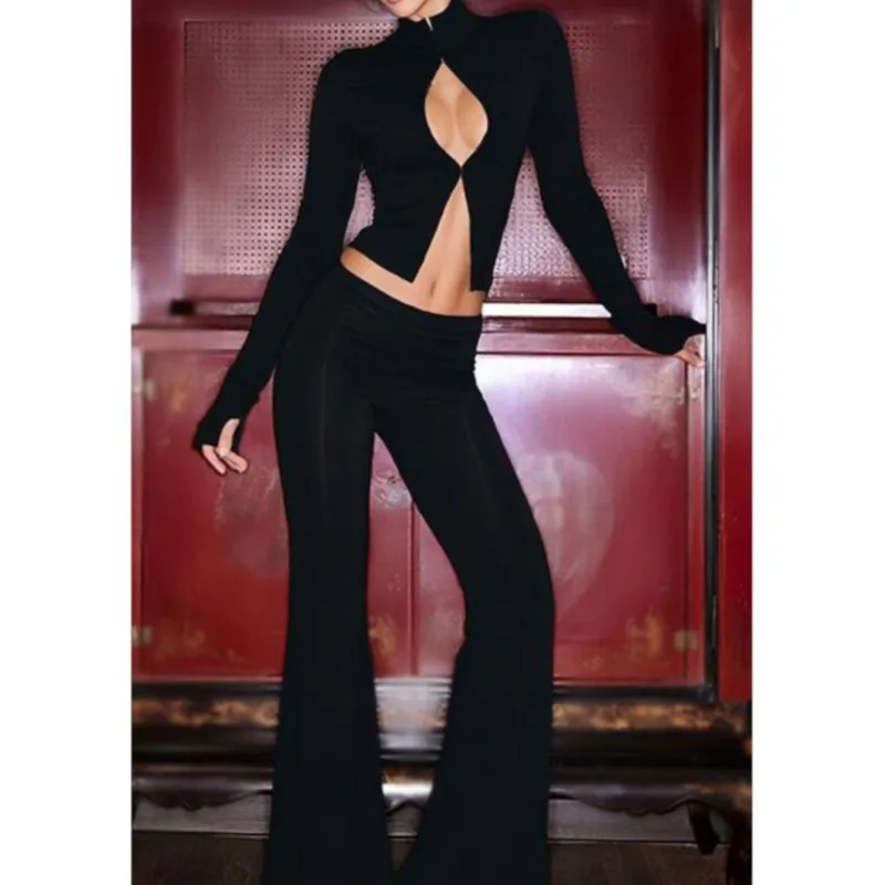 

Stand Collar Slim Fit Hook Button Hollow Cardigan Top Casual Trousers Two-piece Set Autumn Winter Women Personalized Pants Suit