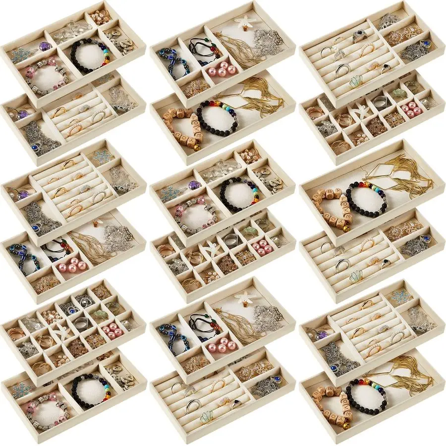 

Набор из 18 бархатных подносов для украшений, штабелируемый органайзер для ювелирных изделий, коробка для хранения, разделенный демонстрационный лоток для серег и браслетов, бежевый