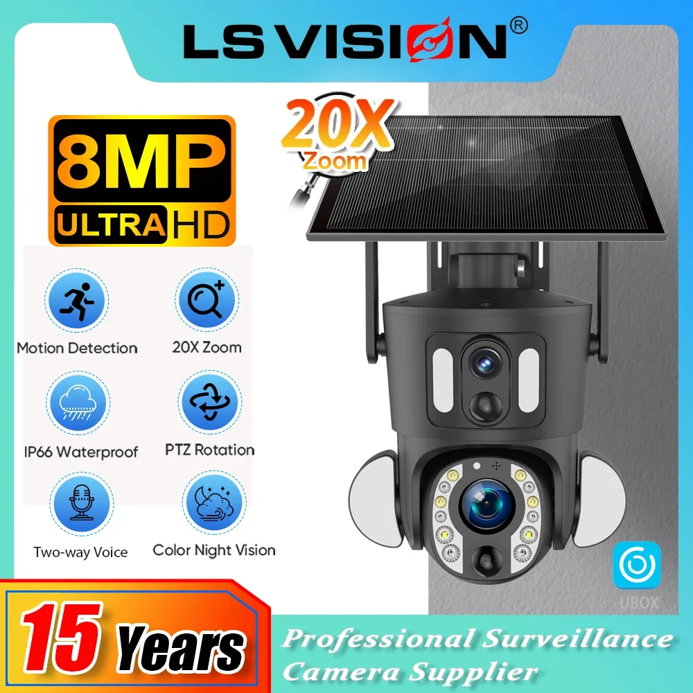 LS VISION 듀얼 스크린 태양광 보안 카메라, PTZ 모니터, PIR 감지, 자동 추적 야외 카메라, Ubox, 8MP, 20X 줌, 4G/WiFi