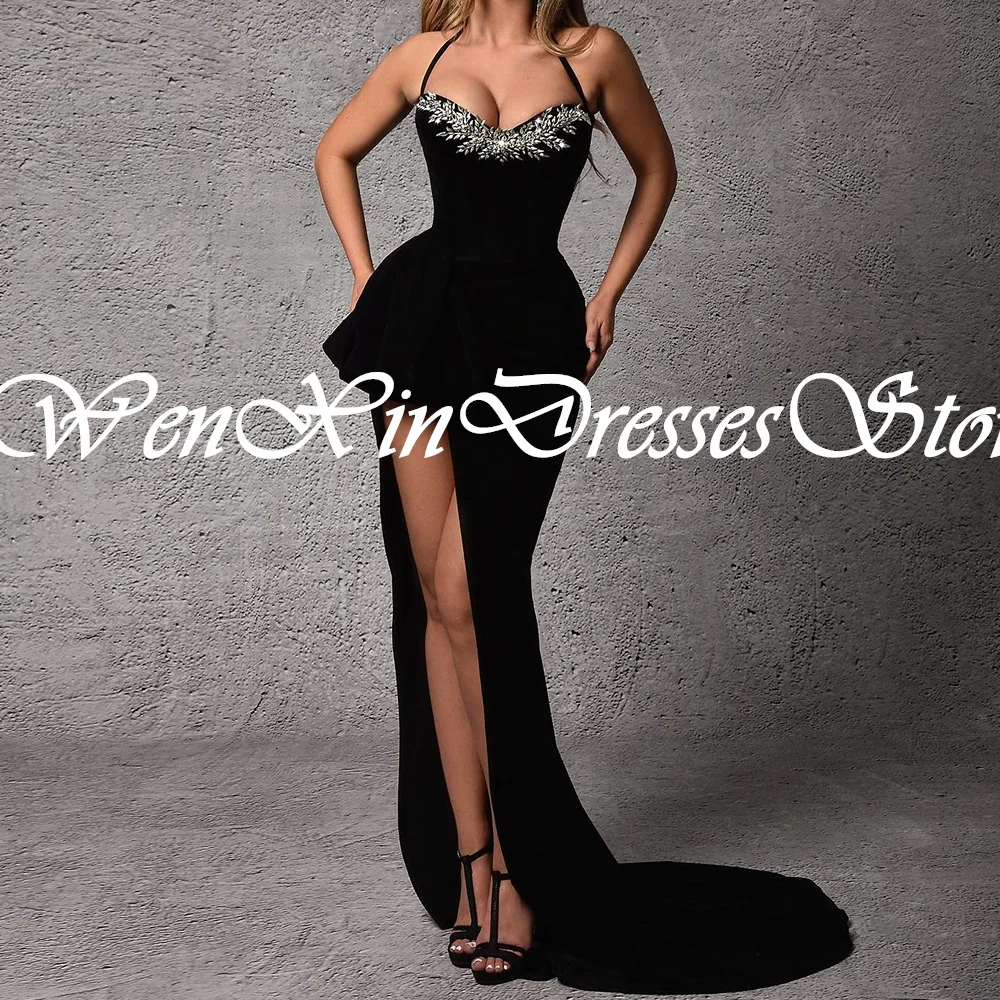 Customized Exquisite Crystal Jersey Black Evening Dress Fashion Halter A-Line Sleeveless Floor Length Bespoke Occasion Gowns