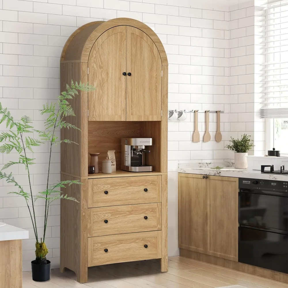 

71” Tall Arched Storage Cabinet with Drawer,Farmhouse Arched Bookcase with Door,Freestanding Arch Tall Pantry with Countertop fo