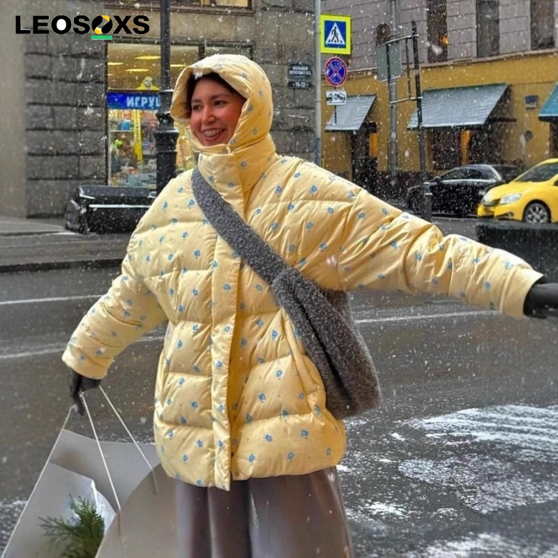 

Fashion Printed Zipper Hooded Cotton Jacket Women Stand Collar Full Sleeve Loose Street Warm Coats 2025 Winter Lady Chic Outwear