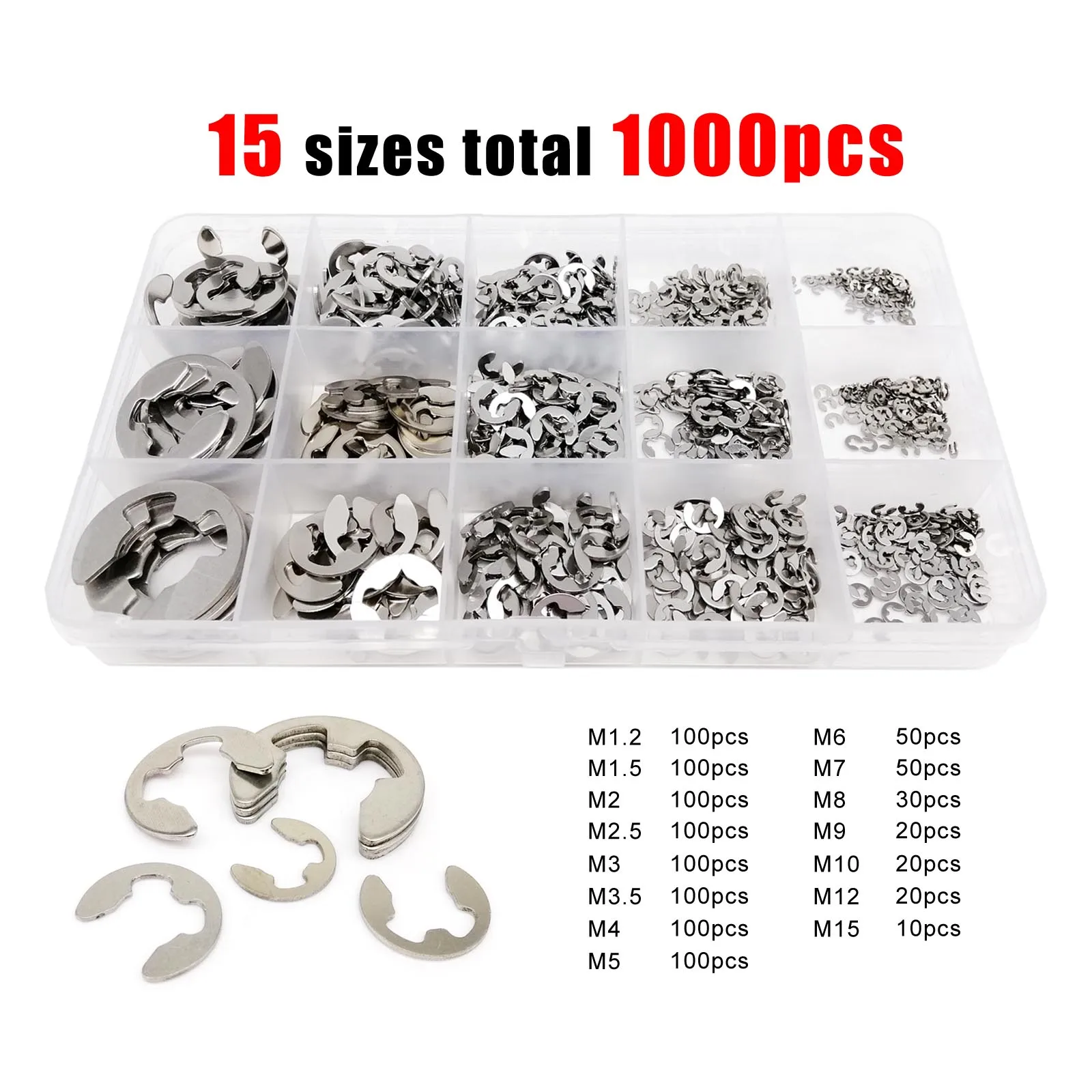 1000pcs/box E Type Circlip Shaft External Retaining Ring Clip Washer Mix 10 Sizes Assortment Kit Set Stainless Steel 65mn Steel