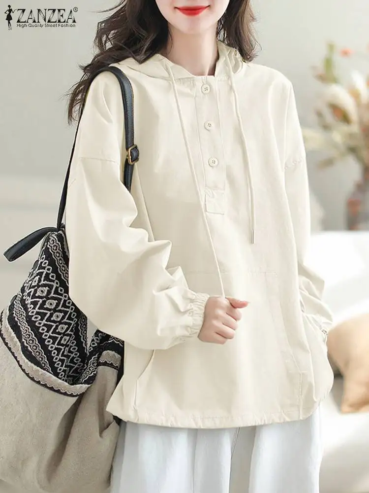 

ZANZEA 2023 Pullover Sweatshirt Women Hooded Windbreaker Autumn Loose Outdoor Pocket Korean Fashion Drawstring Coat Outerwear