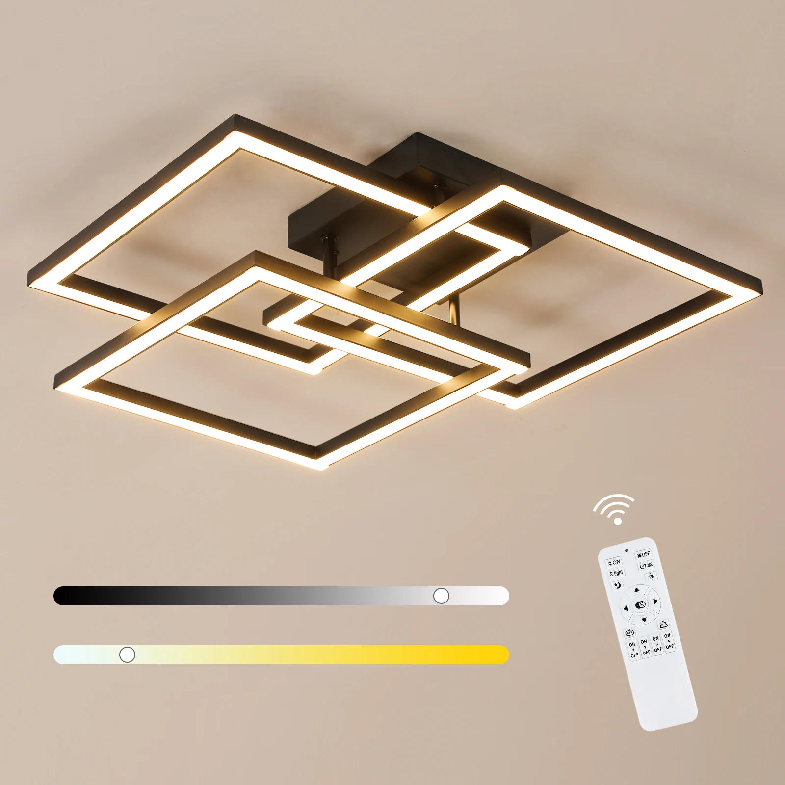 Plafonnier LED moderne avec télécommande et contrôle par application, 40 W à intensité variable, design carré multicouche, 3000 K - 6500 K