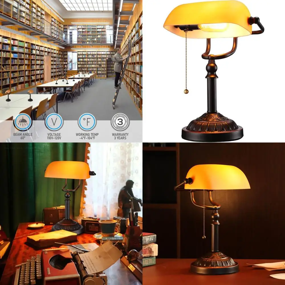 

Винтажная настольная лампа с цепочкой-подвеской из янтарного стекла, бронзовым основанием и цоколем E26, идеально подходит для офисов и кабинетов.