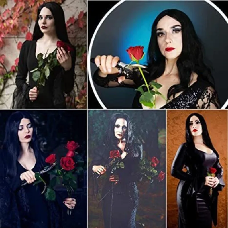 Peluca de Cosplay de mamá de la familia Addams, pelo largo negro de seda de alta temperatura, máscara de Halloween, bola, uso diario, cubierta de peluca