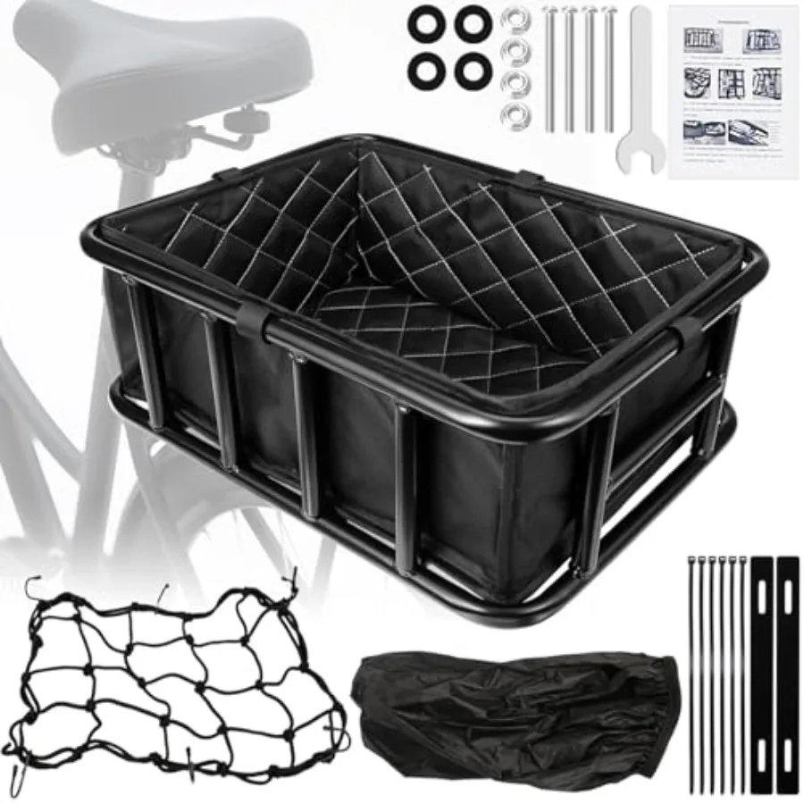 

Bike Basket Rear, Bicycle Basket with Liner Bag, Waterproof Cover and Cargo Net, Heavy Duty Large Bike Basket for Most Bikes an
