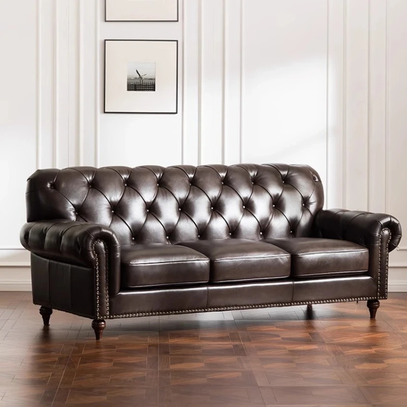 

American Sofa Living Room Retro Buckle Straight Row Single Furniture Light Luxury Solid Wood Genuine Leather Sectional Sofa