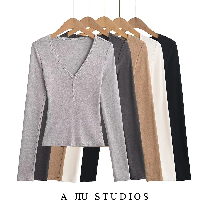 Dimagrante lavorato a maglia lungo Sve V-Ne abbottonato strato base irt American Sle Hot Girl Top facile da indossare Street Sle Spring