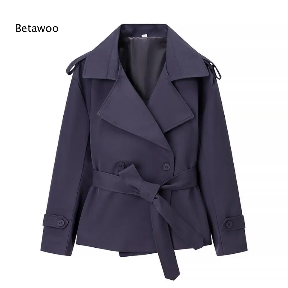 Cropped Khaki Trench Jacket Wide Lapel Shoulder Epaulets Self Tie Waist Belt Button Cuff Short Wind Coat