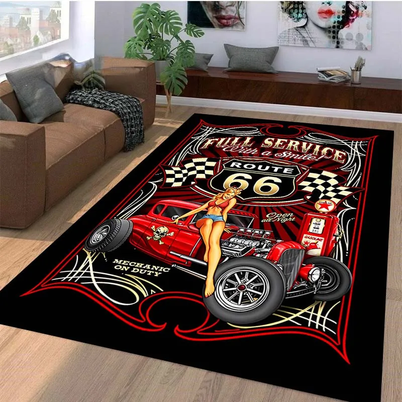 Route 66 Vintage Car Mat - Retro Pin-Up Non-Slip Rug for Living Room, Bedroom & Office, Machine Washable Decor