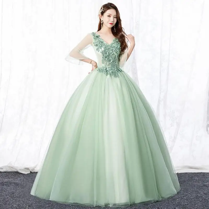 

New Three Quarter Sleeves Tulle Ball Gown Illusion Sexy Deep V-neck Quinceanera Dresses Lace Flowers Floor-length Vestidos De 15