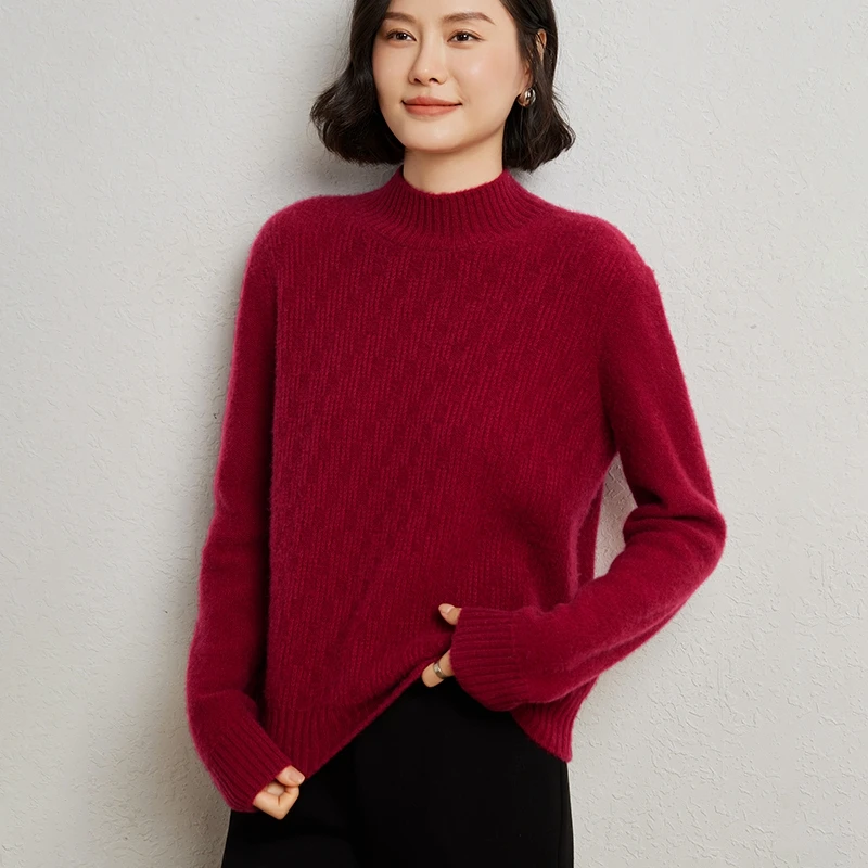 

Simple Style 100% Merino Wool Sweater Autumn Winter Mock-Neck Pullover Women Long Sleeve Knitwear Elegant Clothing Tops