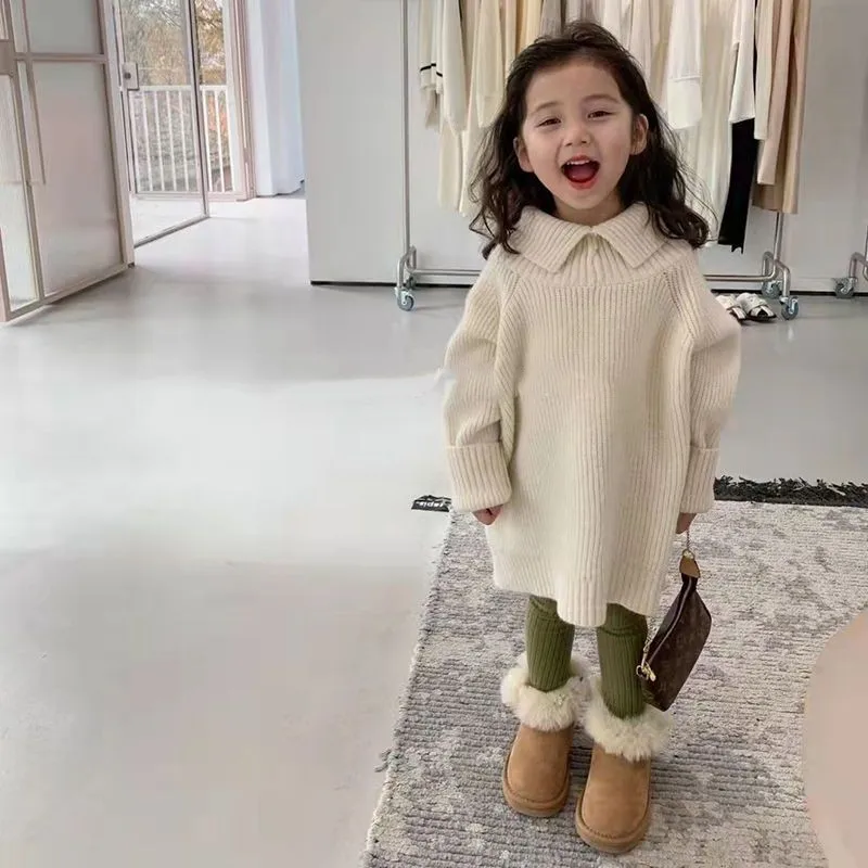 Girls' Long Sweater Winter New Collection Children's Collar Loose Knitted Sweater