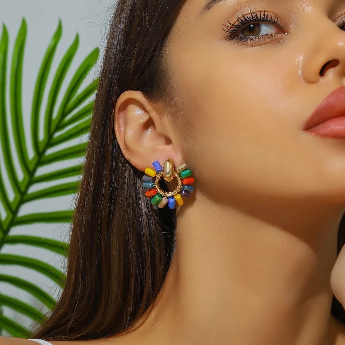 Rice bead earrings Rainbow Crystal Circle Gradient color Bohemia Hand weaving Alloy Fashion Female Simple  Beaded earrings