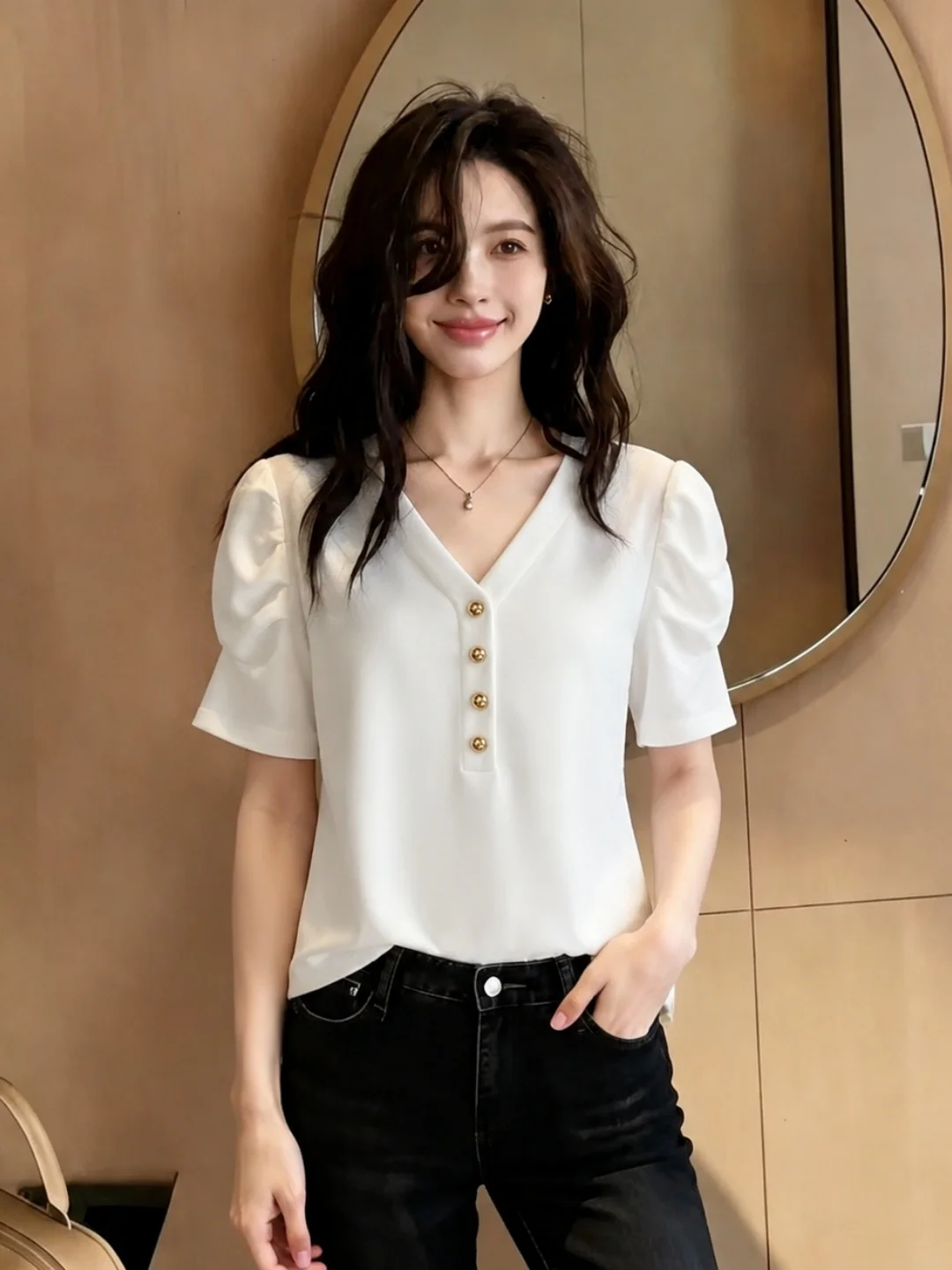 

Fashionable Simple V-Neck Bubble Sleeve Top Summer Pure Color Slimming Concealing Commute Style Overhead Small Shirt