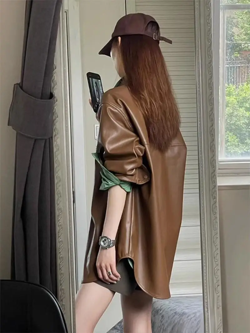 Outfit brauner Lederjackenmantel Damen Frühling Herbst neues Modell Lokomotivjacke im Hongkong-Stil Tops solide Top Eleganz