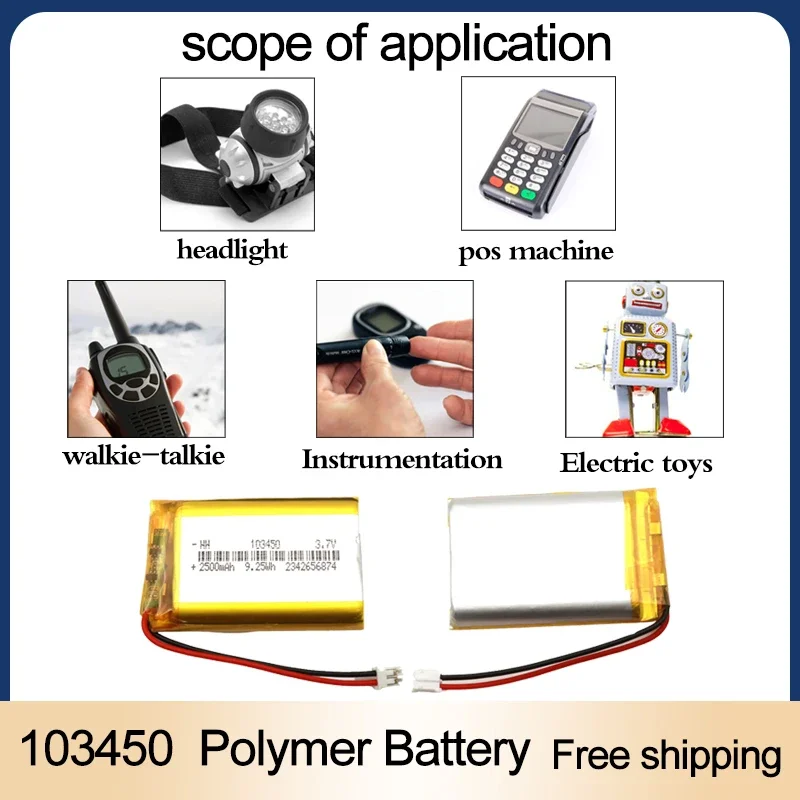 3.7V 103450 Polymer Lithium Battery ,2500 mAh Rechargeable 103450 Polymer Battery for MP5,Toys,Cameras, GPS, Bluetooth, Speakers