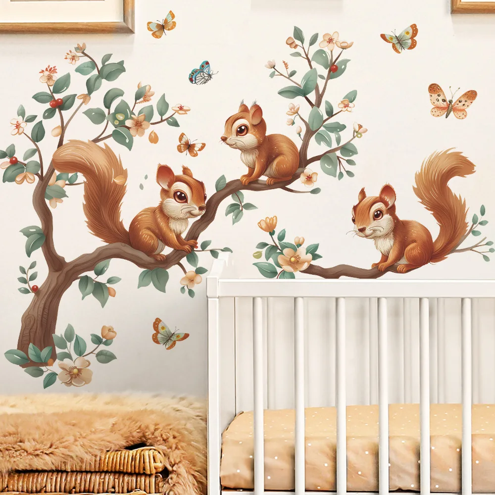 Fashion cute cartoon squirrel climbing tree butterfly children's room kindergarten background layout wall stickers