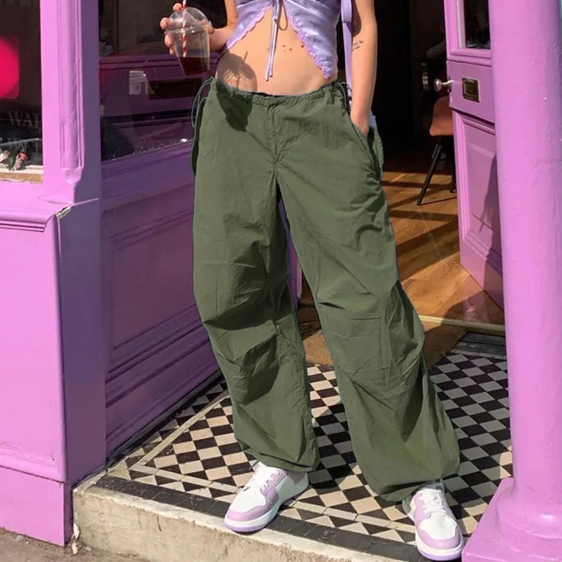 Damenmode schlanke Kordel zug Hose mit weitem Bein solide lässige Hip Hop Baggy Cargo hose niedrige Taille Grunge lose Overalls y2k Mädchen