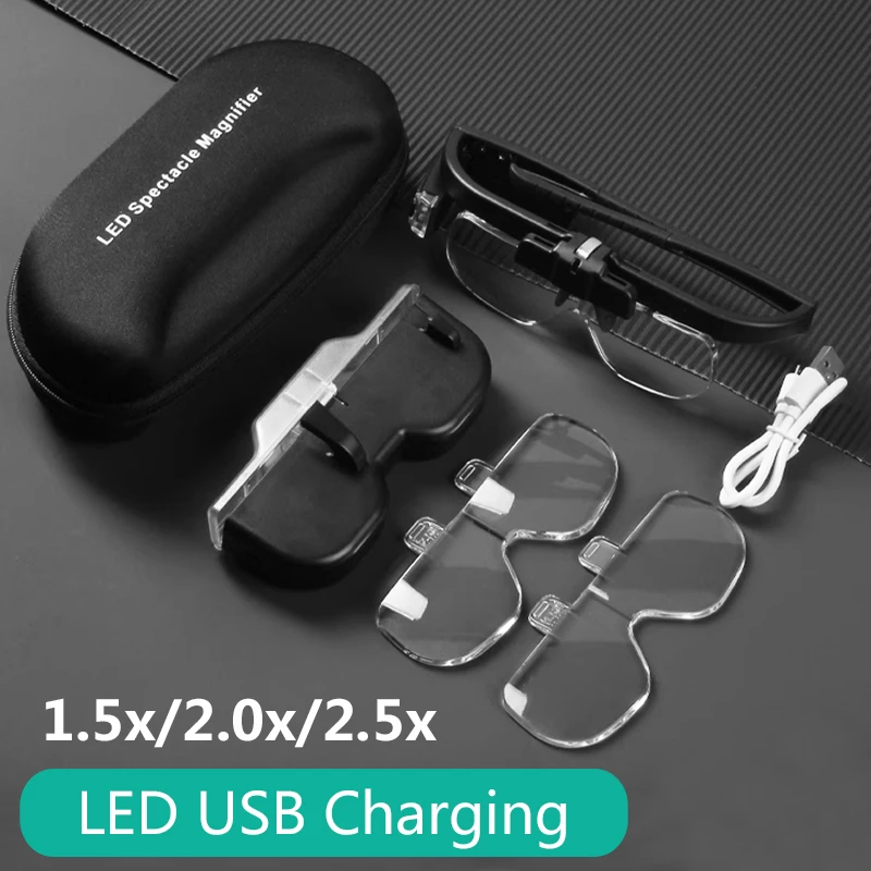 LED Magnifying Glasses USB Rechargeable 1.5X/2X/2.5X/3.5X/4X/4.5X For Eyeglass Watchmaker Repair Wearing Reading Magnifier