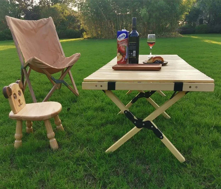 

Ready to Ship Outdoor Pine Wood Foldable Picnic Table Egg Roll Table Wooden Portable Camping Table With 4 Chairs Sets