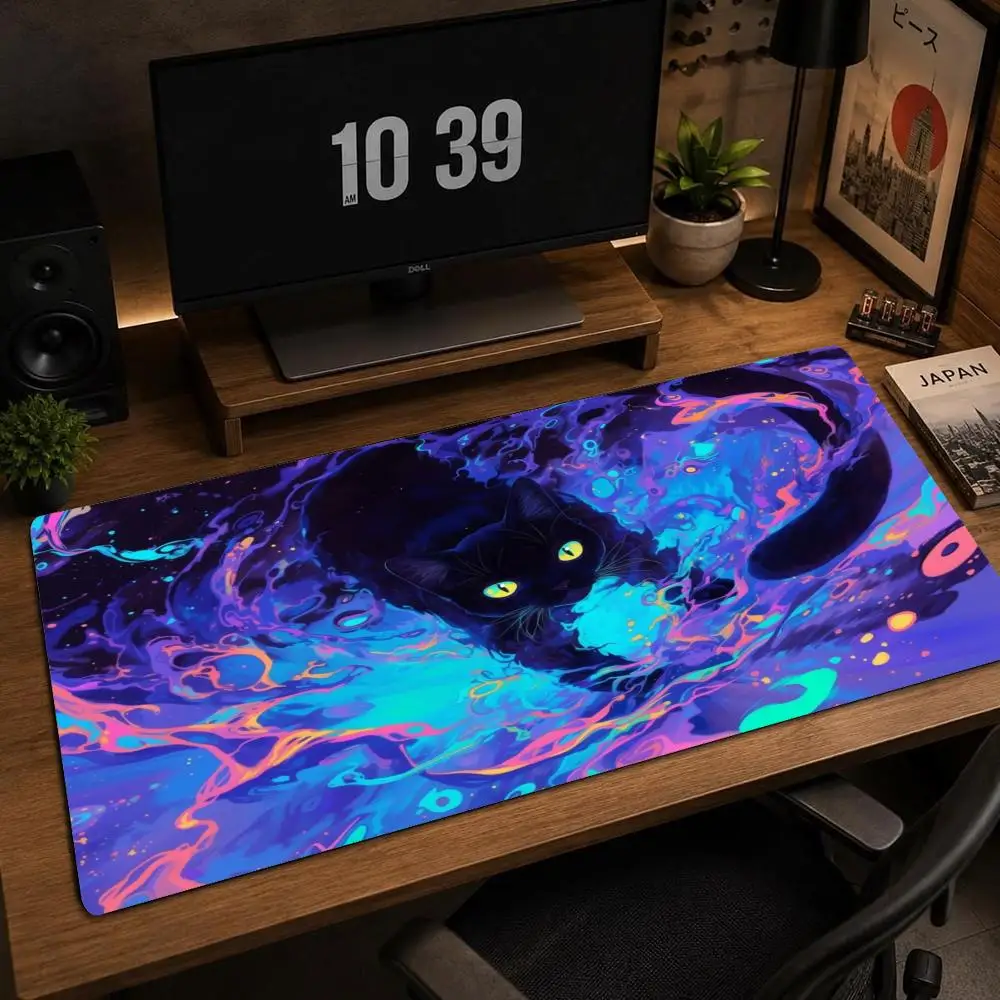 Mystic Black Cat Cosmic Nebula Large Gaming Mouse Pad XXL Deskmat Non‑Slip Rubber Laptop Keyboard Mousepads Big Game Mats Gamer