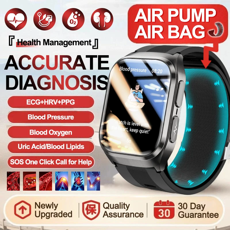

2025New Airbag Air Pump Blood Pressure Accurate Health Monitor Smartwatch ECG Blood Oxygen Uric Acid Blood Lipid Men Smart Watch