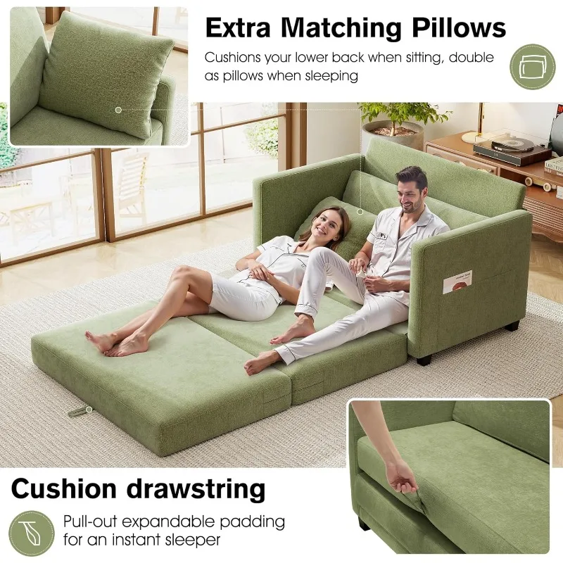 51인치 러브시트 소파베드, 작은 공간을 위한 셔닐 소재 접이식 바닥 소파베드, 깊은 좌석이 있는 접이식 카우치베드, 베개 2개 포함