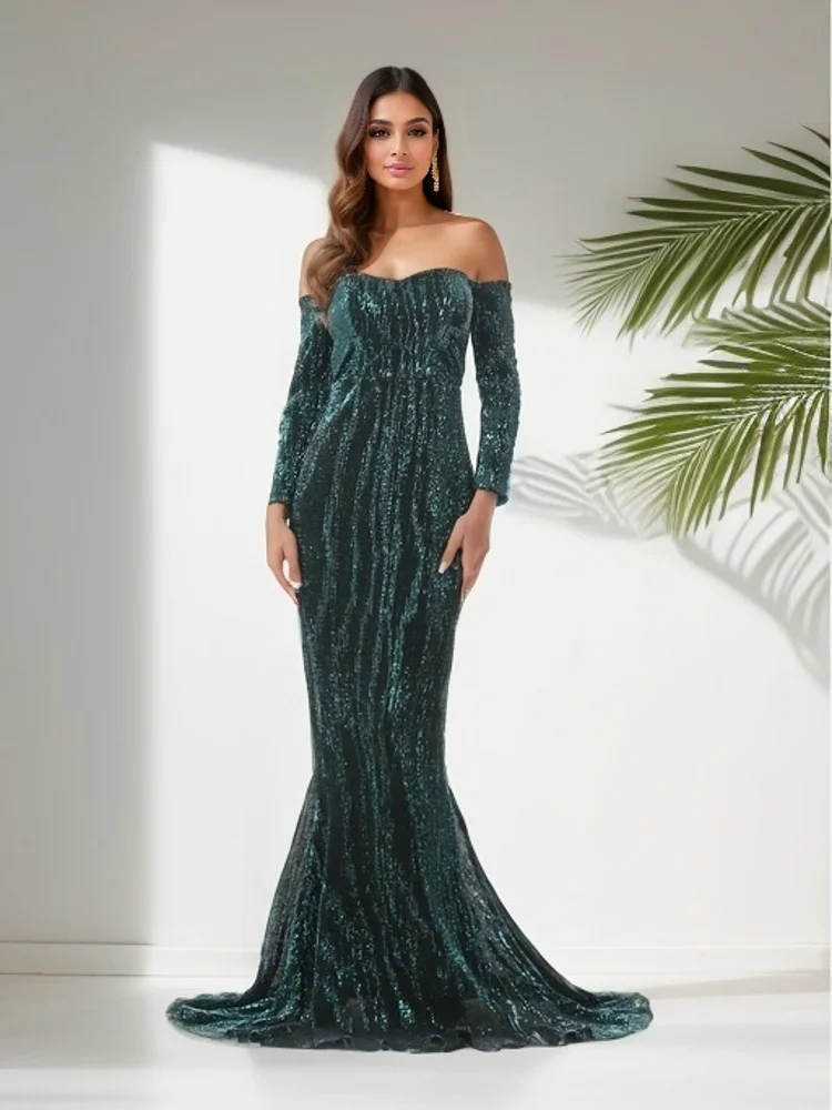 

Romagic Green Shiny Off The Shoulder Mermaid Wedding Party Long Sleeves Evening Dress Sequin Stretchy Women Celebrity Dresses