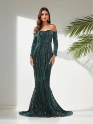 Romagic Green Shiny Off The Shoulder Mermaid Wedding Party Long Sleeves Evening Dress Sequin Stretchy Women Celebrity Dresses