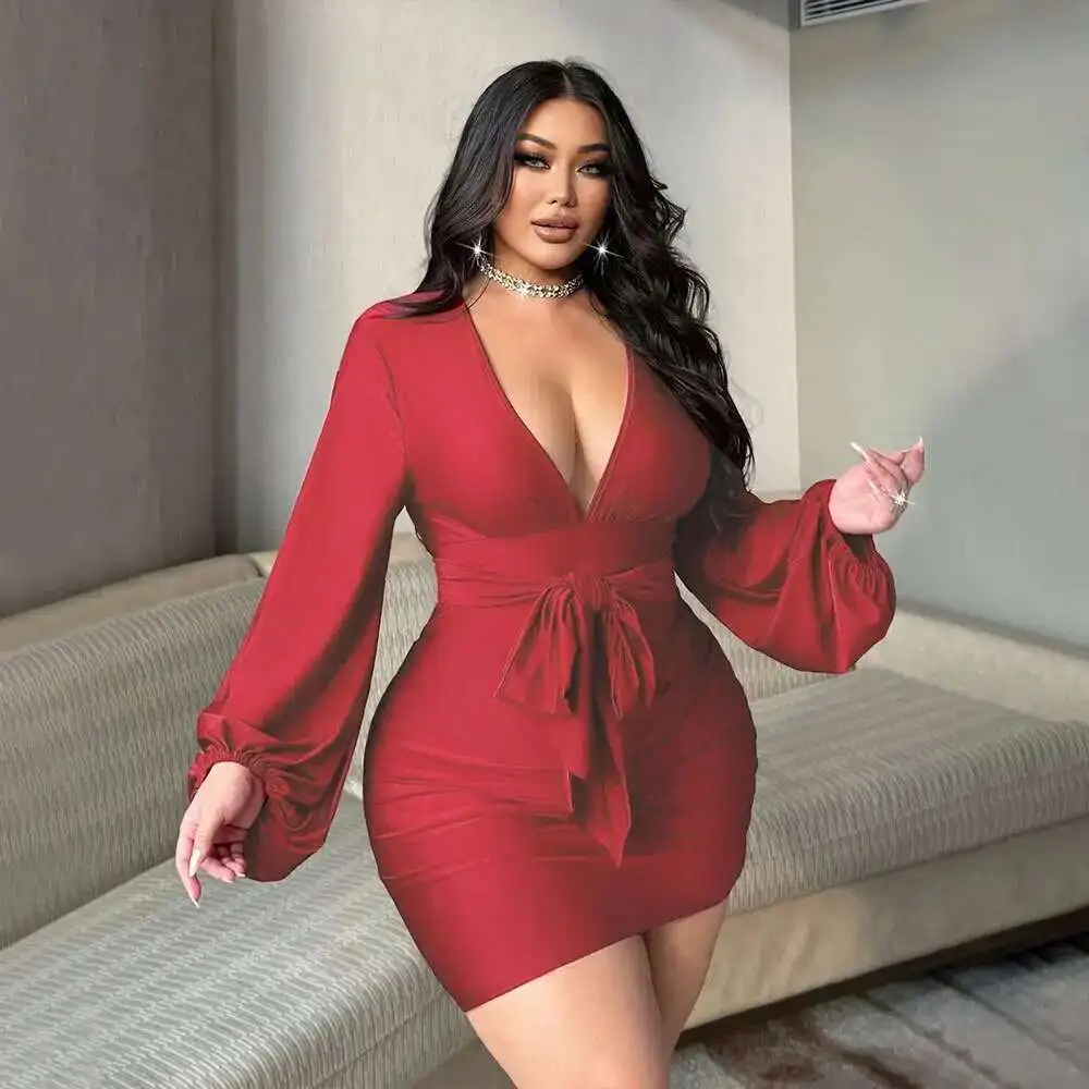 

Plus Size Women's Sexy V-neck Dress Summer High Waist Bodycon Socialite Dress Short Dress 2025 Party Summer Elegantes Casual Y2k