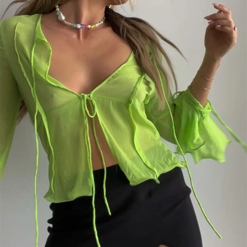 Gaono Women Sexy See Through Y2k Mesh Cardigan Tshirt Vintage Flare Sleeve Tie Front Top Ruffle Buttons Blouse Egirl Streetwear