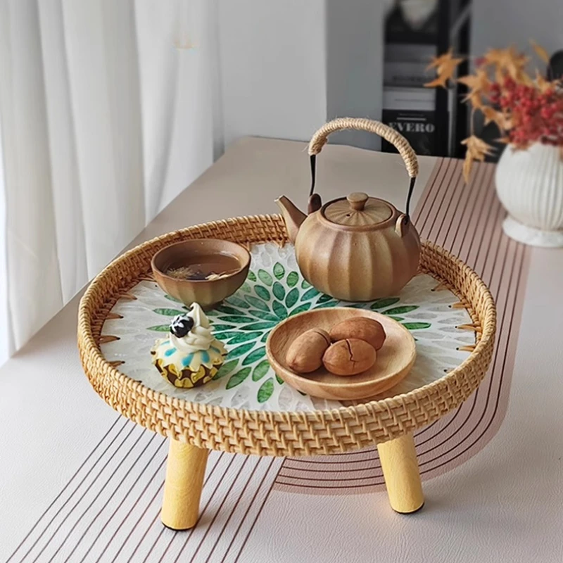 Handwoven Rattan Coffee Table with Shell Shape Low Height Side Table for Bay Window/ Tatami Mats Floor Sitting Boho Picnic Table