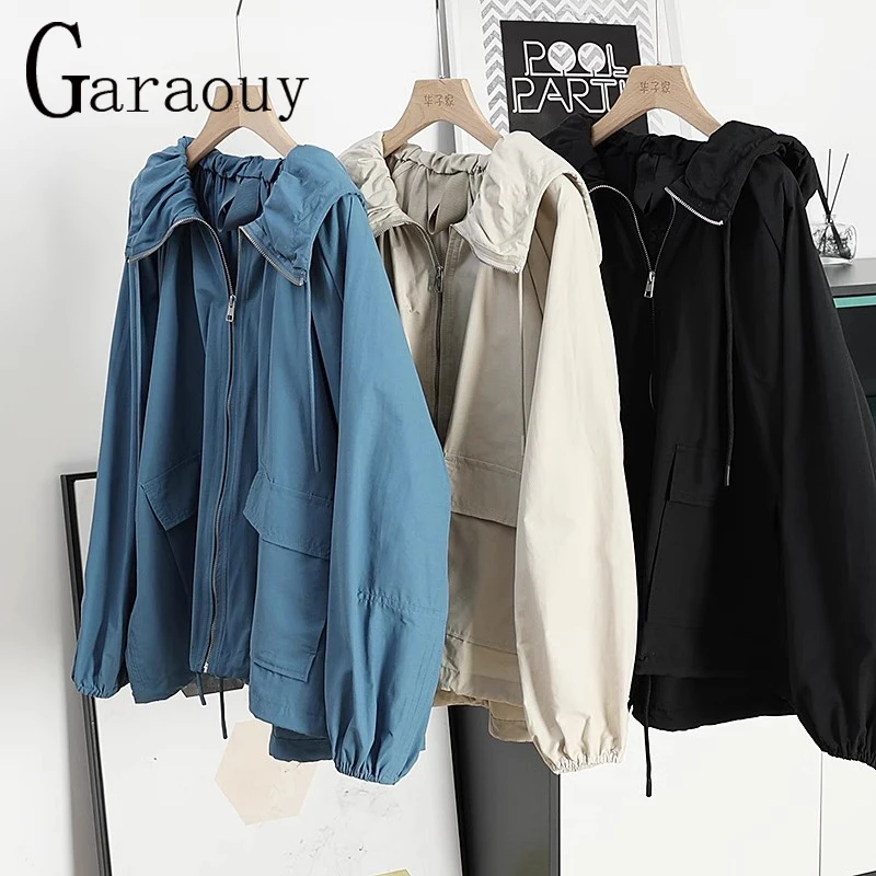 Garaouy Spring And Summer 2024 New Women\'s Zippers Bomber Jacket Vintage Pocket Loose Hooded Coat Women