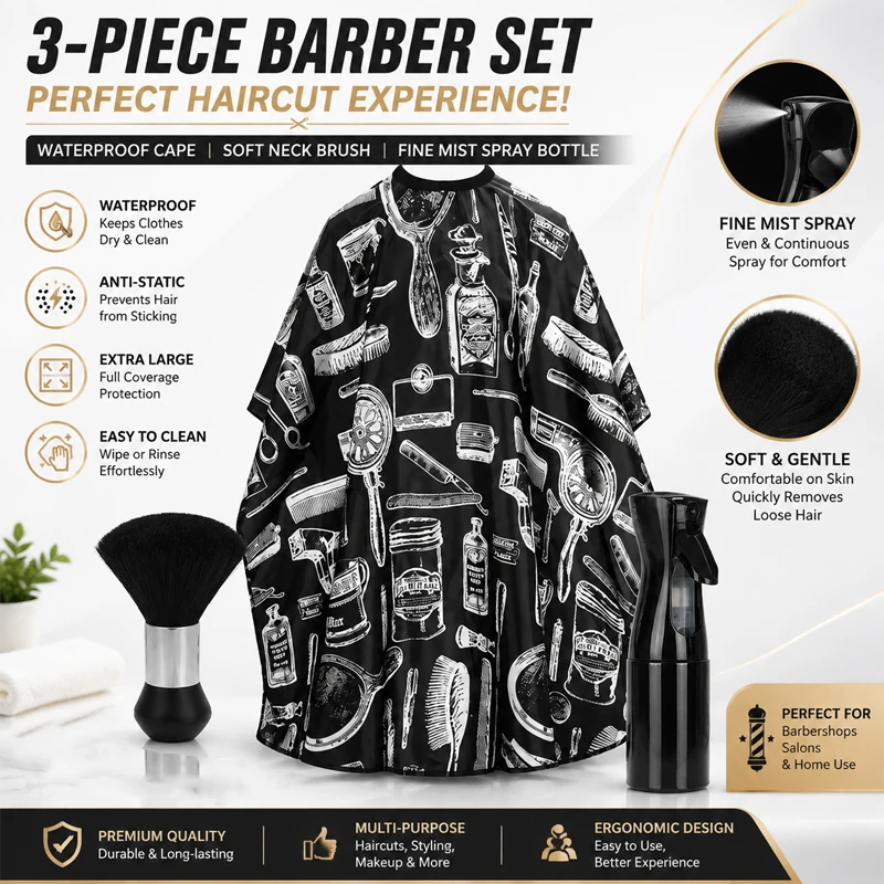 Vintage Barber Cape with Neck Duster Brush Set, Waterproof Anti Static Nylon Hair Cutting Cape, Adjustable Snap Hairdressing Shawl Bib, Professional Barbershop Hair Dye Haircut Hair Isolator Gown for Salon & Home Use
